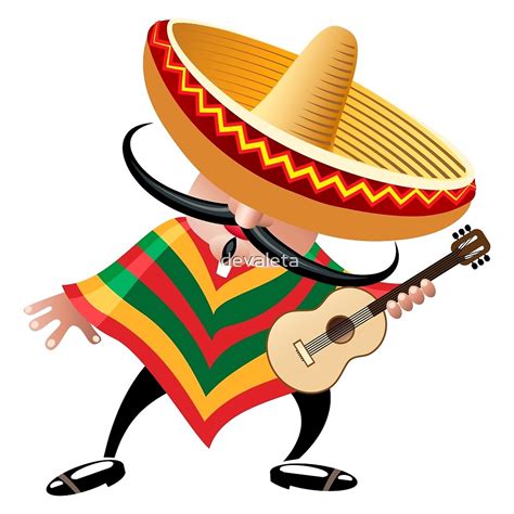 Mexican Musician In Sombrero With Guitar Drawn In Cartoon Style By