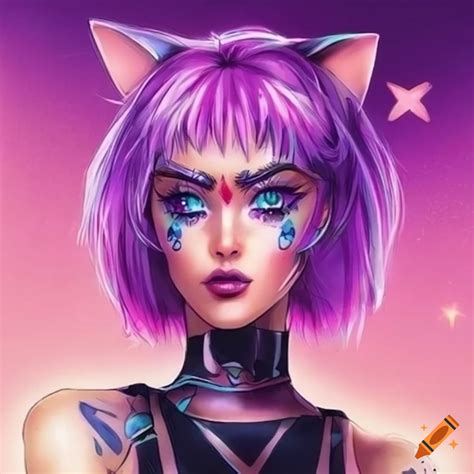 Anime Catgirl With Purple Hair And Pink Star Tattoo