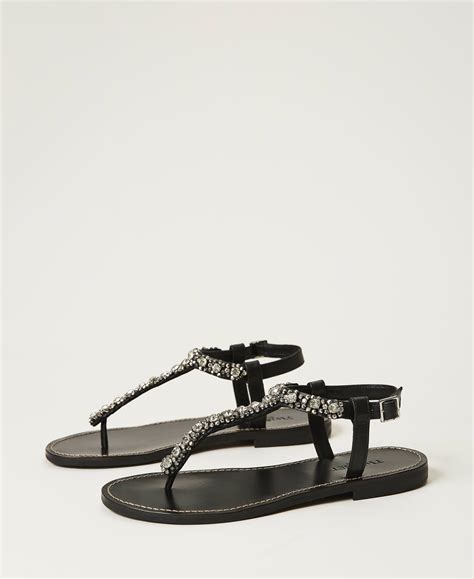 Thong Sandals With Bezels And Rhinestones Woman Black Twinset Milano
