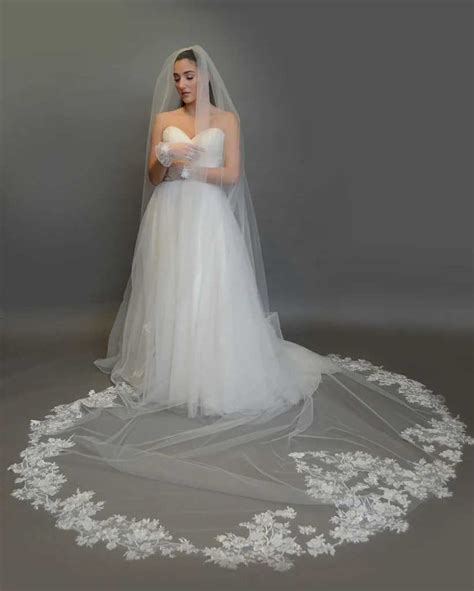 Royal Cathedral Wedding Veil With Floral Lace Elena E1358