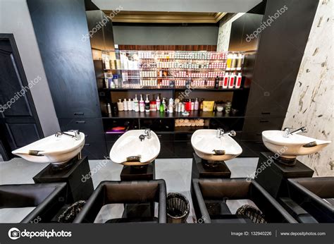 Beauty Salon Interior A Row Of Hair Washing Sinks Stock Photo By