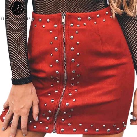 Lily Rosie Girl Red Suede Leather Rivet Pencil Skirt Women High Waist Sexy Club Zipper Autumn