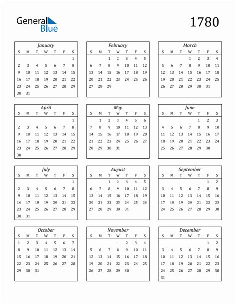 1780 Blank Yearly Calendar Printable
