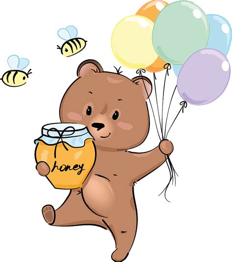 Cute Bear With Honey And Balloons Clipart Free Download Transparent