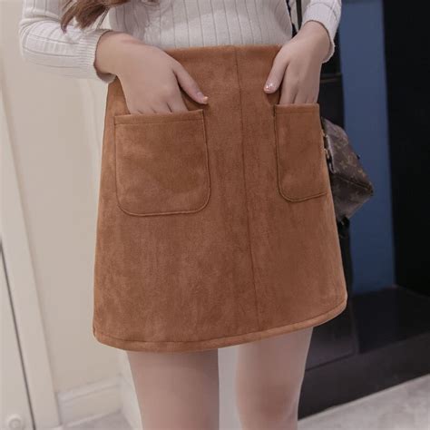 2016 women skirts sexy faux suede skirts vintage a line high waist bodycon pockets short mini