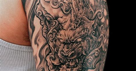 Pixiu Tattoo Half Sleeve Chronic Ink Tattoos Asian Black And Grey Tattoos Pinterest