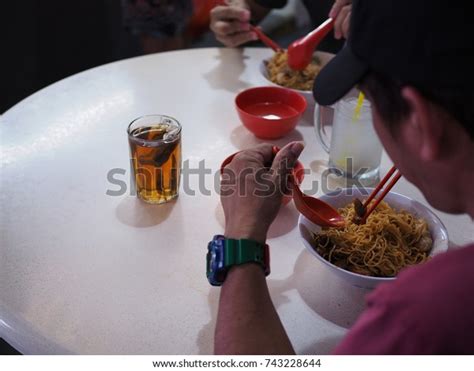 Asia Man Eating Noodles Chinese Restaurant Stock Photo 743228644