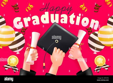 Happy Graduation 3d Vector Of A Hand Holding A Cap And Certificate