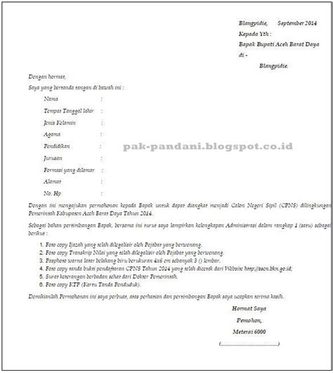 Jadi intinya seseorang tersebut ingin melamar pekerjaan di instansi tersebut sesuai keingan sendiri ( barangkali. Contoh Format Surat Lamaran CPNS/CASN Kepada Pemerintahan ...