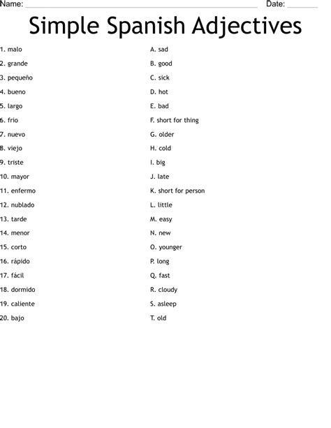 Simple Spanish Adjectives Worksheet Wordmint