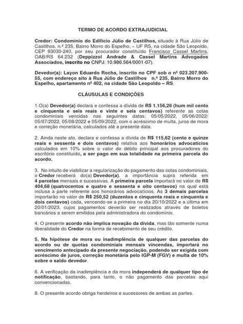 Termo De Acordo Extrajudicial De Cobrança De Condomínio Pdf