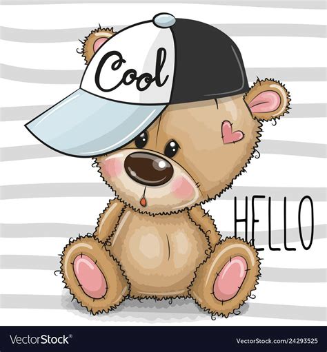 Cute Cartoon Cool Teddy Bear With A Pink Cap On Striped Background
