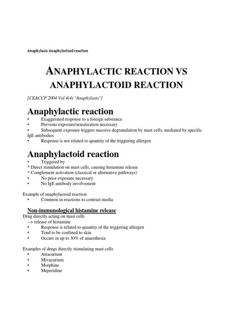 Anaphylaxis Anaphylactoid Reaction Allergy Clinical Medicine