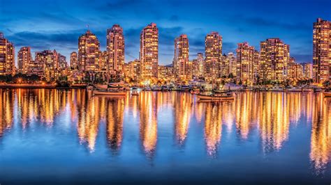 Vancouver Canada Night City Lights Buildings Yachts Water