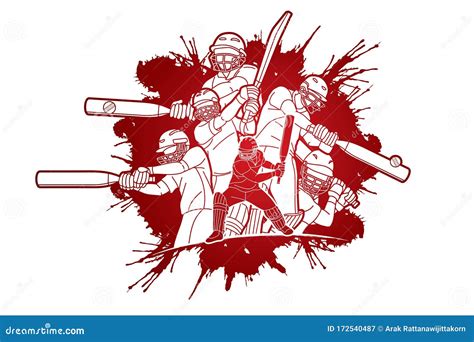 Group Of Cricket Players Action Cartoon Sport Graphic Stock Vector
