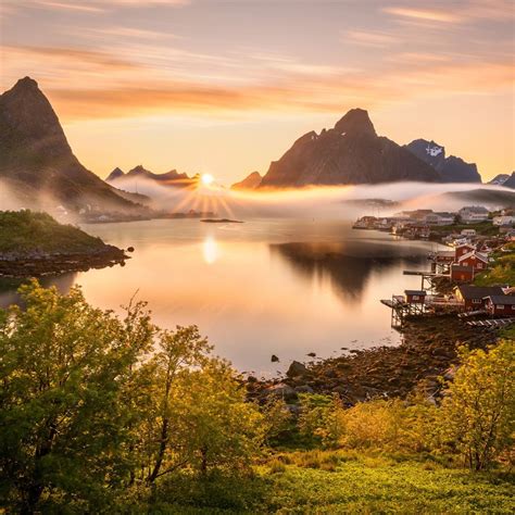 Norway Scenery Mountains Reine Fog Sun Bay 4k Ipad Wallpapers Free Download