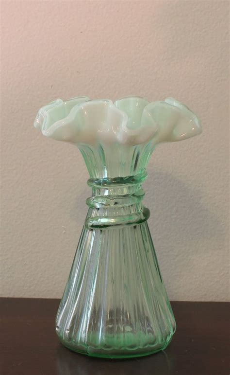 Vintage Fenton Art Glass Green Opalescent Wheat Vase 7 Tall 5902 Glass Art Glass Vase