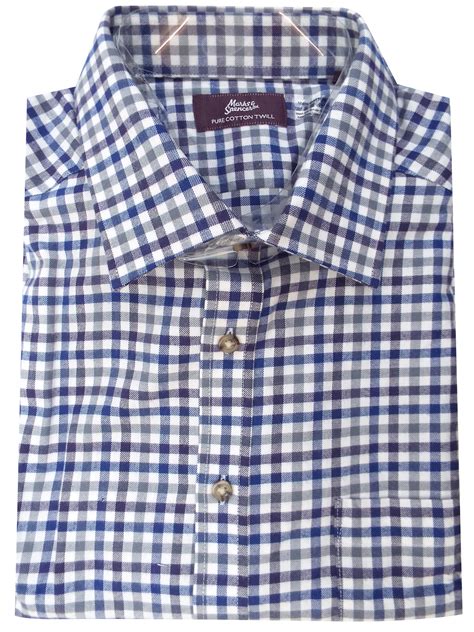 Marks And Spencer Mand5 Blue Pure Cotton Twill Checked Long Sleeve