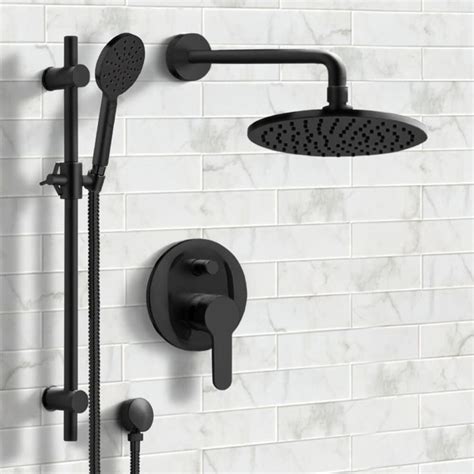 matte black shower set with 8 inch rain shower head and multi function hand shower black