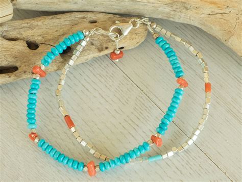 Turquoise Red Coral Multi Strand Bracelet Natural Turquoise And