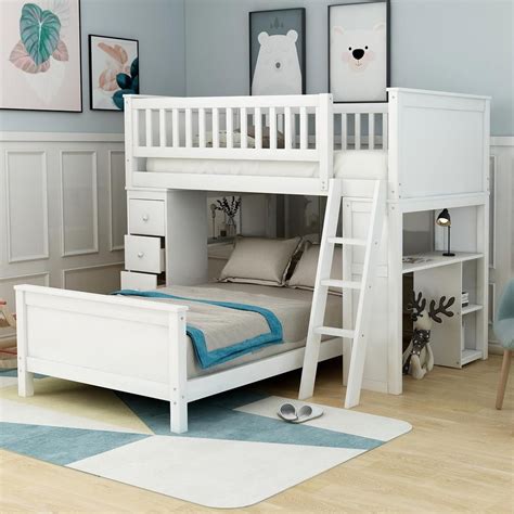 Harper And Bright Designs White Classic Twin Over Twin Bed With Drawers And Shelves Bunk Bed