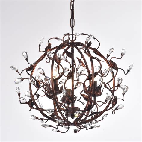 3 Light Antique Copper Globe Chandelier With Vines And Crystals
