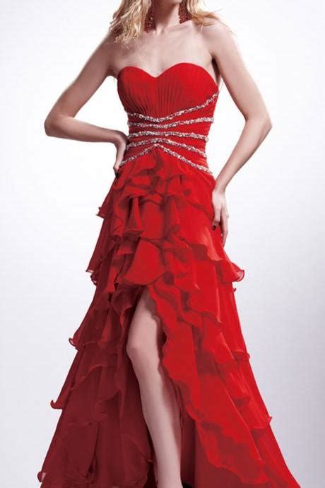 Ruffles Red Prom Dress Sweetheart Off The Shoulder Prom Dress Floor