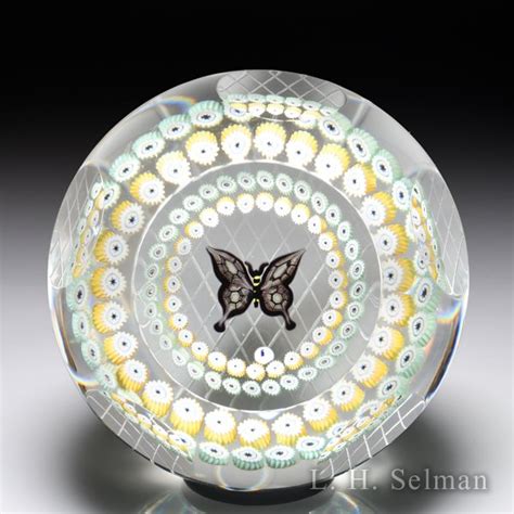Caithness Glass 1988 Brocade Butterfly Millefiori Garland Faceted Paperweight By Allan