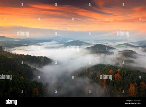 Foggy Landscape With Sunrise Cold Misty Foggy Morning With Sunrise In
