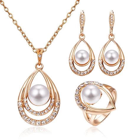 Luxury Pearl Jewelry Sets For Women Shiny Gold Color Full Rhinestone