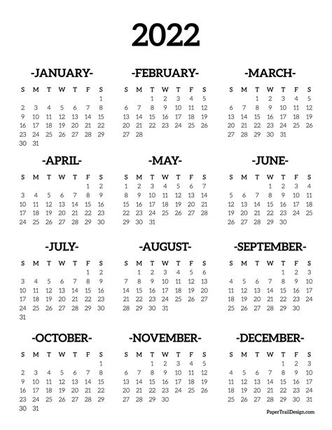 Calendar 2022 Printable One Page Paper Trail Design