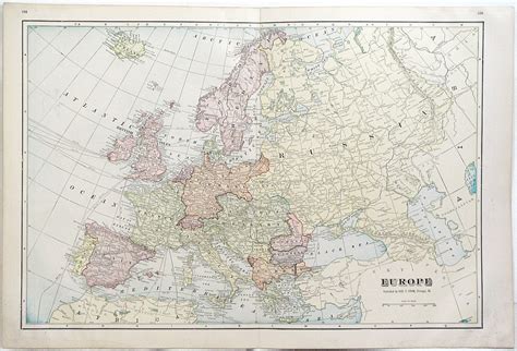 Large Vintage Map Of Europe Circa 1880s Color Atlas Beautiful Etsy