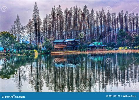 Old Chinese Pavilion Trees West Lake Reflection Hangzhou Zhejiang China