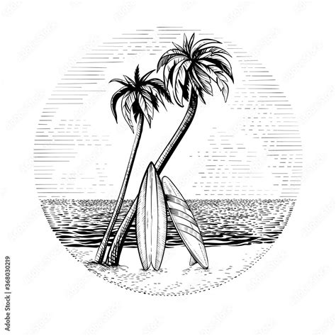 Surfboards Under The Palm Trees Vector Beach Surfing Round Design