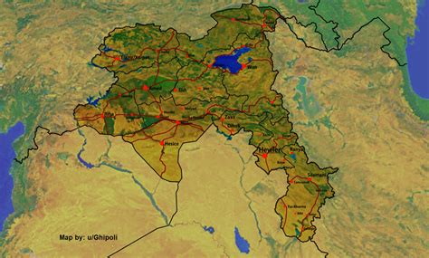 Detailed Map Of Combined Iraqi Turkish And Syrian Kurdistan In Kurdish