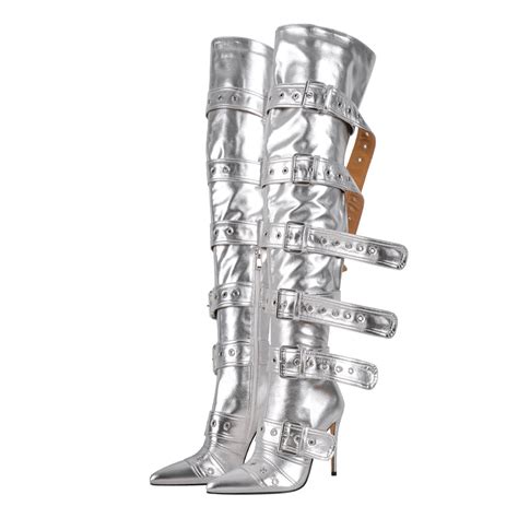 multi buckle strap thigh high pointed toe stiletto boots onlymaker