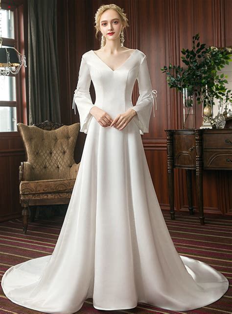 A Line White Satin V Neck Long Sleeve Wedding Dress Wedding Dresses
