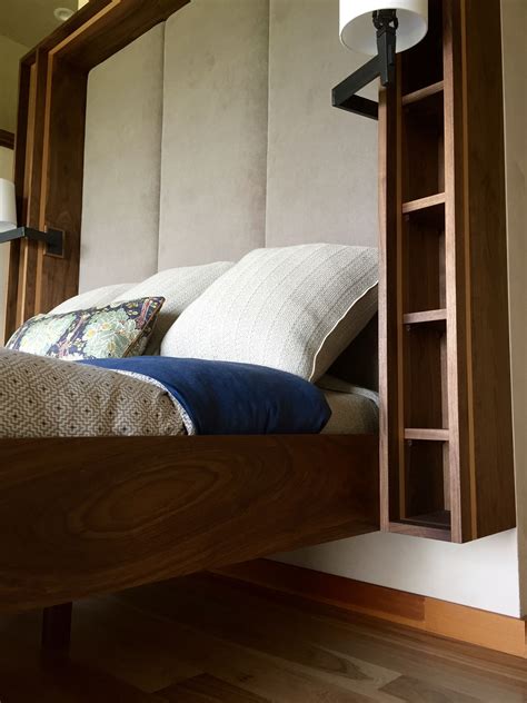 Custom Floating Walnut Bed Shelving And Upholstered Headboard By Kula