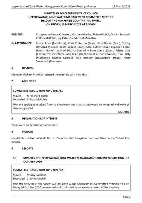 Agenda Of Upper Waitaki Zone Water Management Committee Meeting 16
