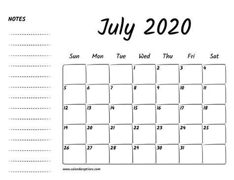 July 2020 Printable Calendar Calendar Options