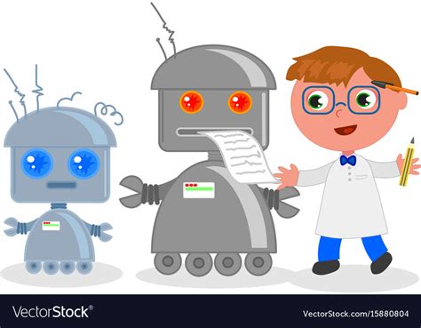 Cartoon Inventor With Robots Royalty Free Vector Image