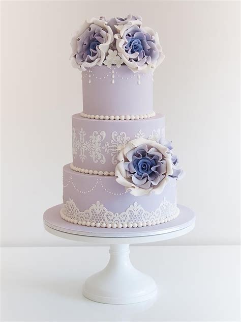 Purple Lace Wedding Cake With Purple Ombre Sugar Roses