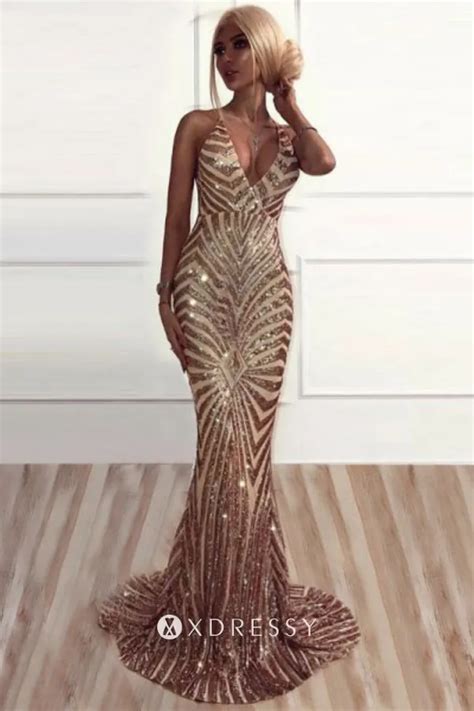 Gold Sequin Plunging V Neck Backless Prom Dress Xdressy