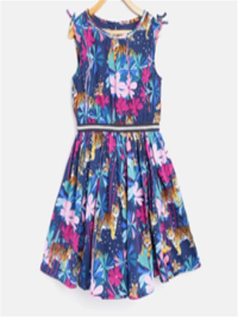 Buy Monsoon Children Girls Navy Blue And Pink Printed Fit And Flare Dress