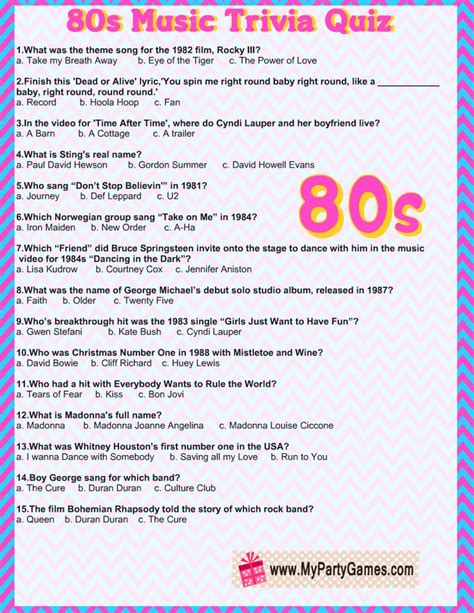 Free Printable 80s Music Trivia Quiz With Answer Key 80s Music
