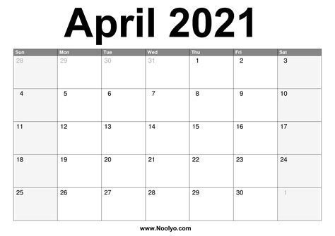 April 2021 Monthly Calendar Calendar 2021