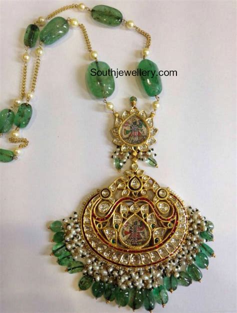 Emerald Beads Chain With Kundan Pendant Indian Jewellery Designs