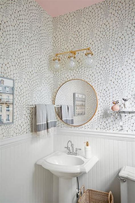 A collection of walls featuring a seamless diamond chair rail with a white border, in four different colors. chair rail. wallpaper on top | Powder room wallpaper, Room ...