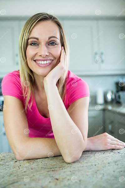Pretty Blonde Woman Leaning On The Counter Stock Photo Image Of