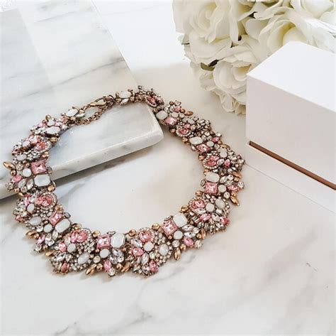 Pink And Gold Rhinestone Statement Necklace Womens